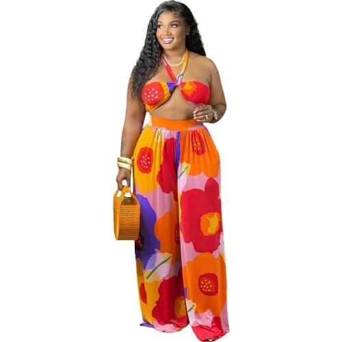 Bathing Suit Women Sexy Halter Bikini Top and Wide Leg Pant 2 Piece Set Plus Size Sets 4XL 3XL Boho Bohemian Outfits for Women