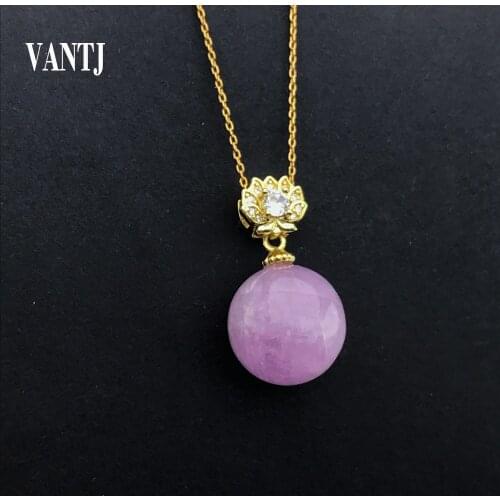 VANTJ Natural Kunzite Pendant Sterling 925 Silver Elegant Aquamarine Round bead Necklace for Women Jewelry Wedding Party Gift