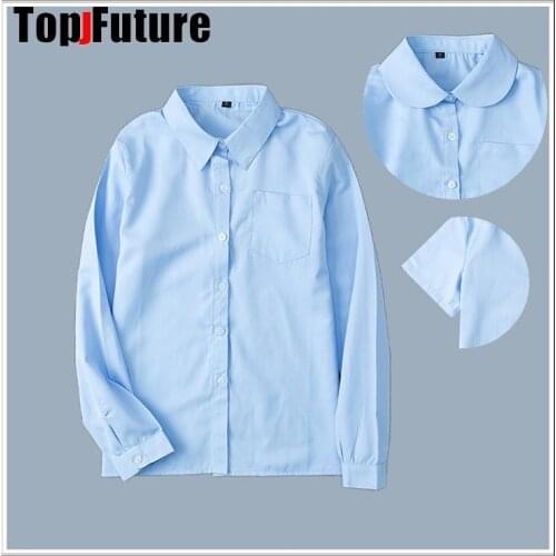 JK uniforms female students summer work clothes sharp collar round neck work clothes BLOUSE shirt BLUE long short sleeve SHIRT