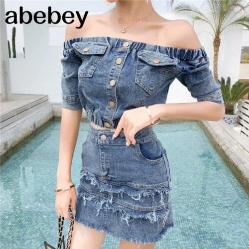 2021 Women 2 Piece Set Sexy Slash Neck Off the Shoulder short Sleeve Crop Top and blue Denim Tassel skirts Street Wear Suit
