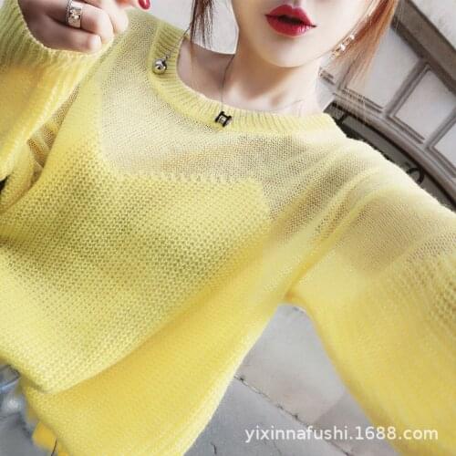 Woman Sweaters Korean Mohair Long-Sleeved O-Neck Hollow Knit Pullover Top Autumn Purple Fashion Casual See-Through Sweater Girls
