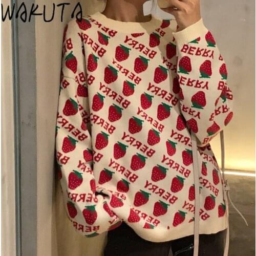WAKUTA Strawberry Sweater Chic 2021 Autumn Winter Sweet Cuta Oversized Printing O Neck Long Sleeve Knitting Pullover Casual Chic