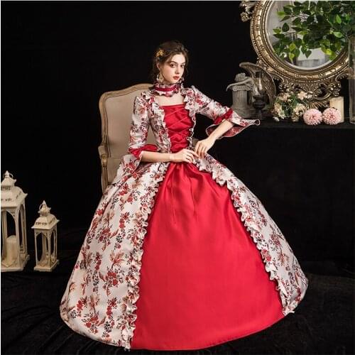 100%real red ruffled flower princess medieval ball gown fairy dress European court Gown queen Victorian Belle /ball gown