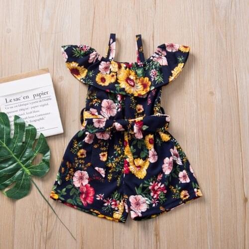 2021 Summer Baby Girl Floral Print Ruffled Neck Off Shoulder Short Sleeve Bow Belt Romper Kid Flower Clothes 6M-4Y