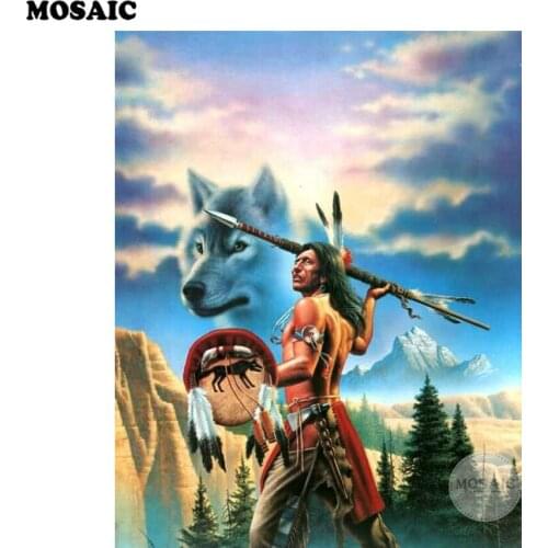 Full Square Drill 5D DIY Diamond Painting "Indian hunter& wolf" 3D Embroidery Cross Stitch Mosaic Decor Gift