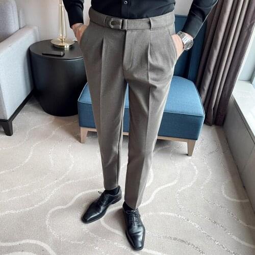 Brand Mens Solid Pants Casual Elastic Long Trousers Cotton Gray Black Khaki Skinny Work Pant for Male Classic Clothing Jogging