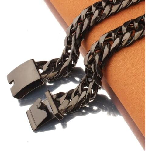 Xmas Gift Top Quality 16MM Double Curb Cuban Chain Metal Stainless Steel Black Color Mens Necklace Or Bracelet 7-40inch Optional