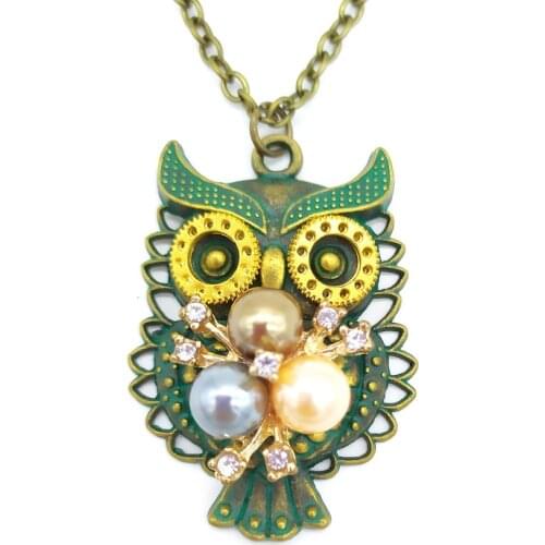Cykopv 2019 New Original Style Green Clever Owl with Honorable Pearls Flower Vintage Animal Steampunk Necklace Animal Pendant NK