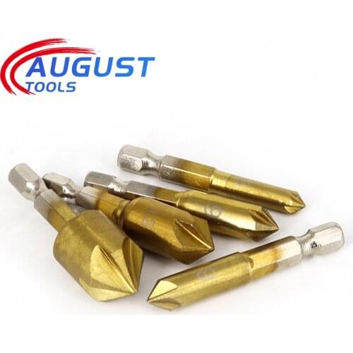 AUGT 5Flute Chamfer Countersink Drill Bit 1/4" Hex Shank HSS Wood Chamfering Cutter Chamfer 12/16/19mm Countersink Metal Drills