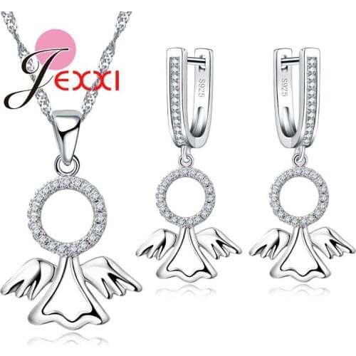 Pretty Angel Pendant For Necklace Earrings Set 925 Sterling Silver Fashion Jewelry Sets Full Cubic Zircon CZ Crystal