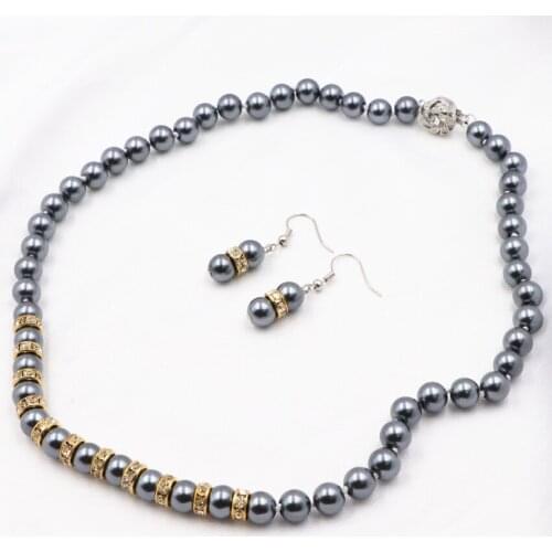 Statement Simulated Pearl Necklace Chain Earrings for Women Gray 8mm Round Rhinestone Glass Pearls Necklaces Jewelry Set 18"A619