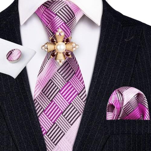 Fashion Brooches Pink Plaid Mens Wedding Tie Silk Necktie Hanky Set Barry.Wang Fashion Designer Neck Ties For Men Gift Party