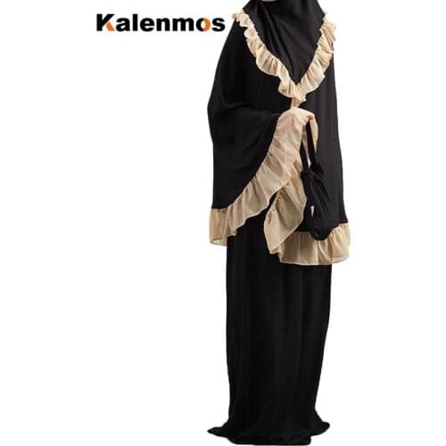 Ramadan Muslim Prayer Garment Women Turkey 2 Piece set Ruffles Hooded Abaya musulman Thobe Gown Khimar Robe Islamic Hijab Dress