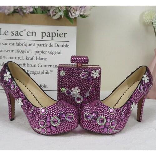 New 2021 Purple Crystal Party Shoes With Matching Bags Women Wedding Shoes Bride Fashion High Heels Platform Shoes Round Toe