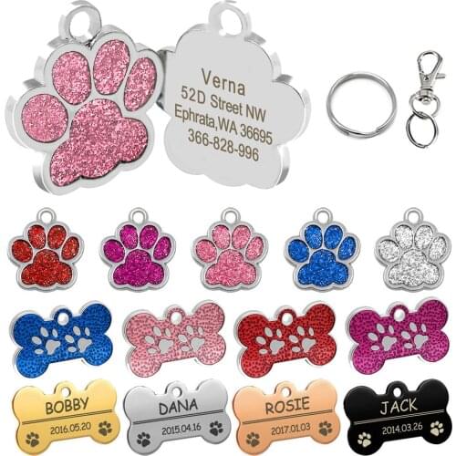 Personalized Dog Tags Engraved Cat Puppy Pet ID Name Collar Tag Pendant Pet Accessories Bone/Paw Glitter