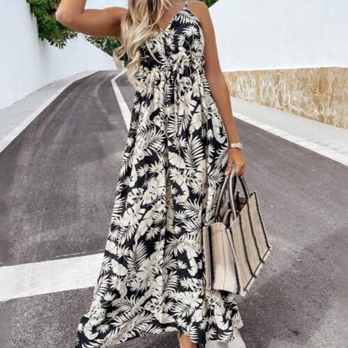 Summer Sexy Boho Style Print Maxi Sleeveless Dress Women Strap V Neck Backless Party Dress Fashion Floral Long Dresses Ladies