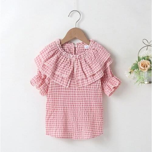 2021 summer new girls shirrts teenage girl ruffles plaid cotton shirt children top wholesale 4-14year
