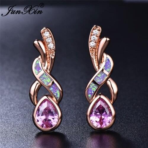 Cute Female Pricess Pink Zircon Stud Earrings Fashion Rose Gold Purple Blue White Fire Opal Earrings Vintage Earrings For Women