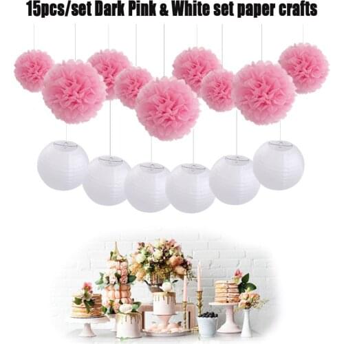 Baby Shower Party Decoration 15pcs/set Mixed Size White Round Paper Lantern Pink/Blue Pom Pom Wedding Decor Hanging Paper Crafts