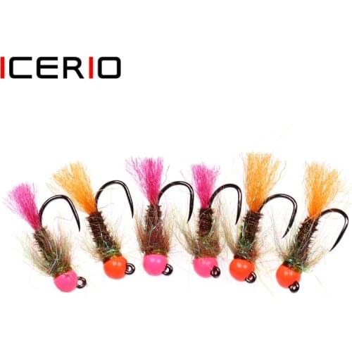 ICERIO 6PCS Tungsten Bead Barbless Jig Hook Nymphs Flies Salmon Trout Fishing Fly Lure Bait Czech Nymph Hook Tying Fly