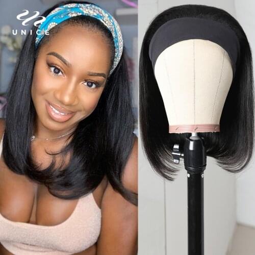 UNice Hair Headband Wig Human Hair Glueless Short Bob Wig Natural Color Brazilian Straight Human Hair Wig Beginner Friendly