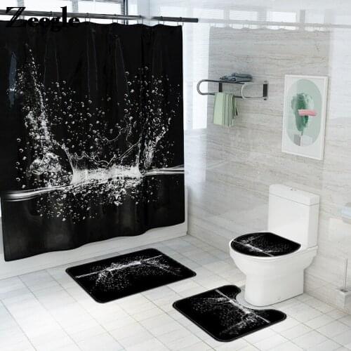 Zeegle Non-slip Bath Mat and Waterproof Shower Curtian Set Blcak 3D Printing Bathroom Carpet Rug Absorbent Foot Mat U-Shaped Rug