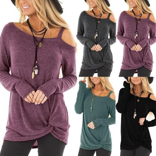 Women Cold Shoulder Tunic Blouse Tops Long Sleeve Front Knot Twist Tee Shirt