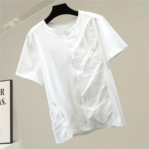 Fashion Chiffon Mesh Patchwork Ruffled Cotton T Shirt Women Pullover Tshirt Temperament Lady Loose Top White Black 2021 Summer