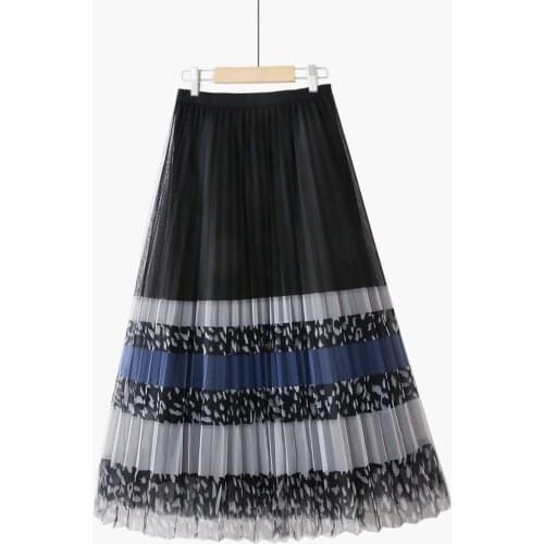 TIGENA Women Maxi Tulle Skirt 2021 New Korean Casual Striped Leopard Print Blue A Line High Waist Pleated Long Mesh Skirt Female