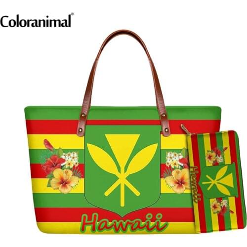 Coloranimal New Fashion Women Tote Handbag Kanaka Maoli Hawaii Flag With Flower Print Ladies Shoulder Bag 2Pcs/Set Crossbody Bag