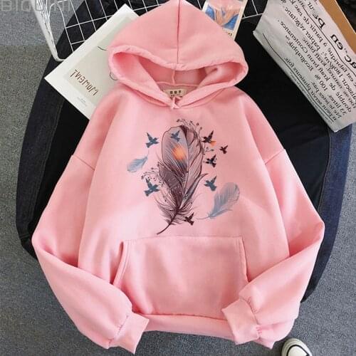 Feather Print Hoodie Streetwear Sudadera Harajuku Aesthetic Pink Top Y2k Hoodies Women 2021 New Autumn Korean Fashion Sweatshirt