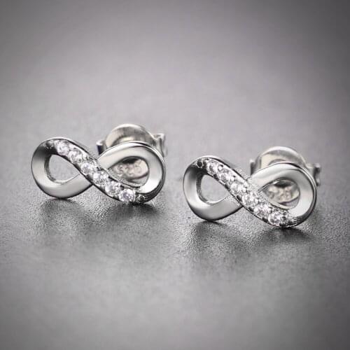 Delicate 100% 925 Sterling Silver color/Silver Sparkling Bow Stud Earrings With Infinity Clear CZ Women Party Luxury Jewelry