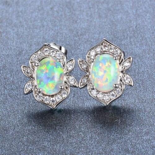 Boho Female White Fire Opal Earrings Small Oval Stud Earrings Silver Color Wedding Earrings For Women