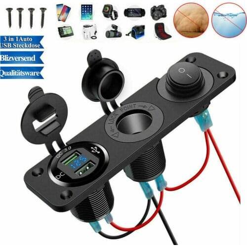 1pc 12V-24V Car Auto Boat Cigarette Lighter Socket + 3.0 Dual USB Charger + Blue LED Voltmeter Panel + ON OFF Switch Accessories