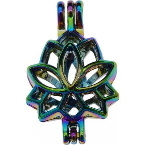 10pcs Rainbow Color Zinc Alloy Pearl Cage portrait Lotus Aromatherapy Essential Oil Diffuser Jewelry Necklace DIY Jewelry