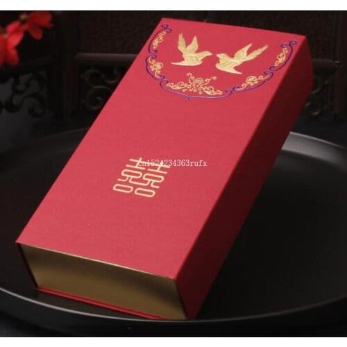 100 pcs Double Happiness Gift Bag Asian Themed Chinese Red Color Drawer Type Wedding Candy Box Party Gift Favor Holder