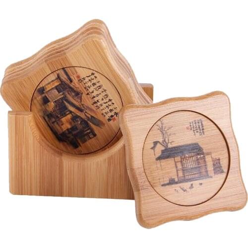 6x Bamboo Glass Cushion Mug Cup Mat Non- Holder with Storage Rack