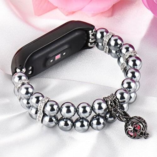 Handmade Bracelet for Xiaomi Band 3 Strap & Mi Bands 4 Straps Luxury Wristband Bands Elastic Beaded Black Pearl Dressy Woman