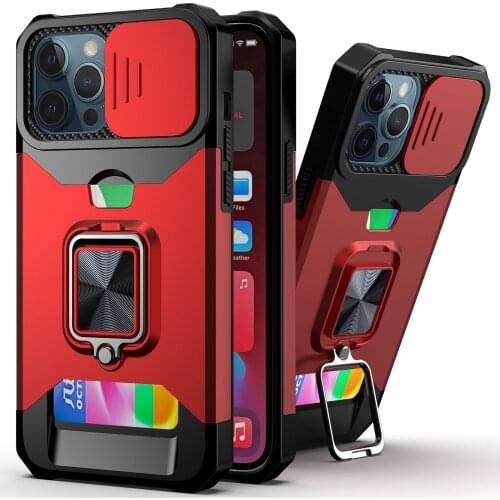 For iPhone 13 12 11 Pro Max Case, Kickstand with Slide Camera, Built-in 360 Rotate Ring Stand Magnetic Card Slot Credit Cover