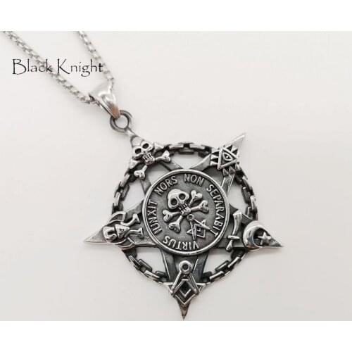 Black Knight Stainless steel Vintage chain circle skull star pendant necklace Gothetic men hip hop necklace BLKN0766