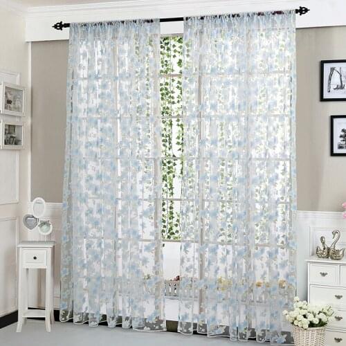 Flowers 1 PCS Vines Leaves Tulle Door Window Curtain Net Curtains Slot Top Plain Floral For Door Screen Windows