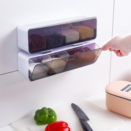 Kitchen Salt Sugar Condiment Box Wall-Mounted Drawer Type MSG Condiment Storage Box Four Compartments One Free Punch