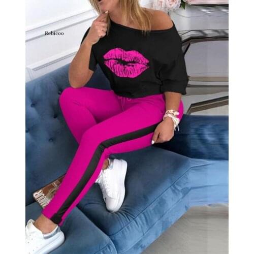 Summer Women Lips Print Two Piece Set Off Shoulder Tee- Top Pencil Jogger Sweatpants Suit Sporting Tracksuit Overalls