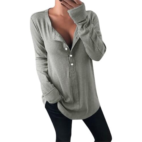 Fashion Solid Buttons Blouse Shirt Loose V-Neck Tops Tee Casual Autumn Winter Ladies Female Women Long Sleeve Blusas Pullover