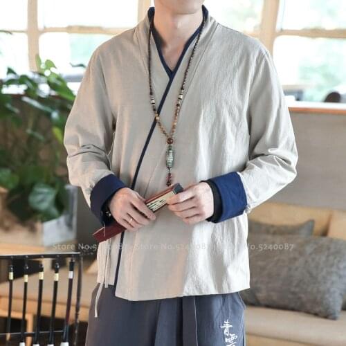 Chinese Style Men T-Shirt Tee Tops Traditional Hanfu Cardigan Kung Fu Tai Chi Uniform Tang Suit Japanese Kimono Robes Linen Coat