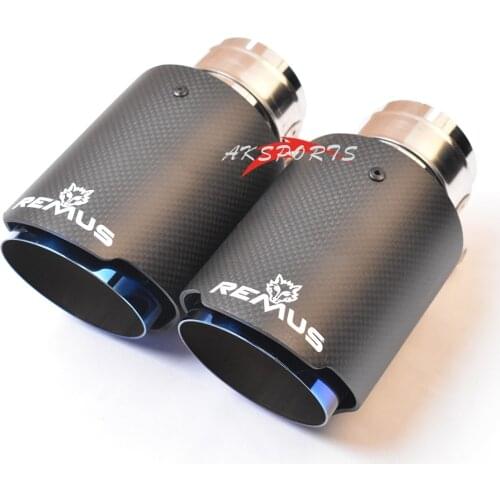 1PC Car Exhaust Straight Flange Matt Carbon Tail End Blue Stainless Steel Muffler Tip With Remus Logo