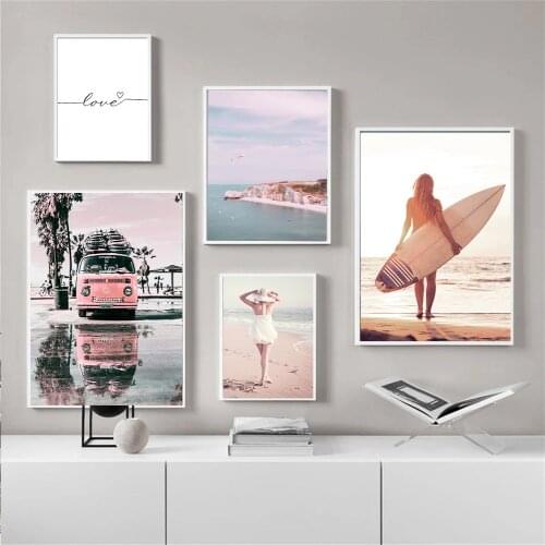 Beach Sexy Women Yacht Pink Car Landscape Poster And Print Quotes Canvas Painting Nordic Pictures Modern Living Room Home Decor