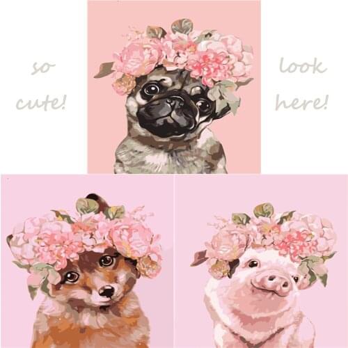 Oil Painting By Numbers Pets Dog Pig Flowers Handpainted Acrylic Paint Coloring By Numbers Cartoon Animals Unframe Unique Gifts