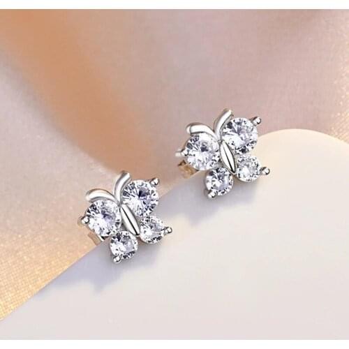 Luxury Female Butterfly Crystal Stone Earrings Charm Silver Color Stud Earrings Cute White Zircon Wedding Earrings For Women