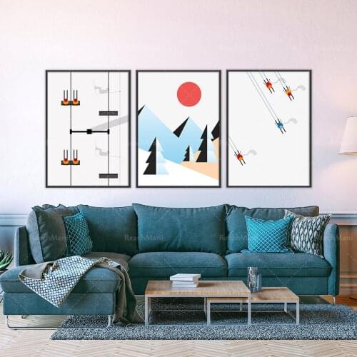 Skiing Poster Set, Ski Lift Art Poster, Winter Panorama Artwork, Skiing Minimalist Nordic, Snow Poster, Anniversary Gift Idea, W